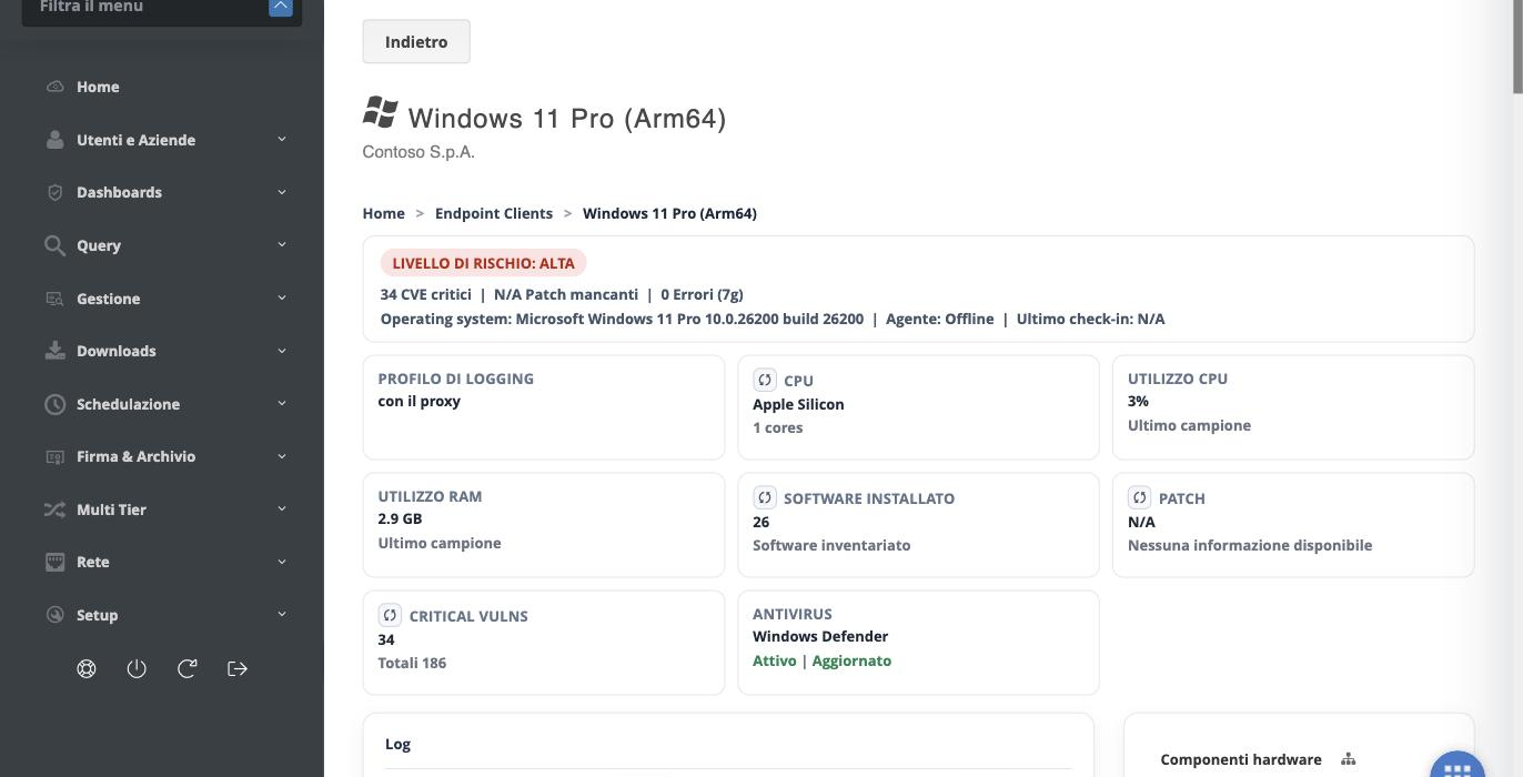 Scheda di un asset con il livello di rischio e i riquadri di stato