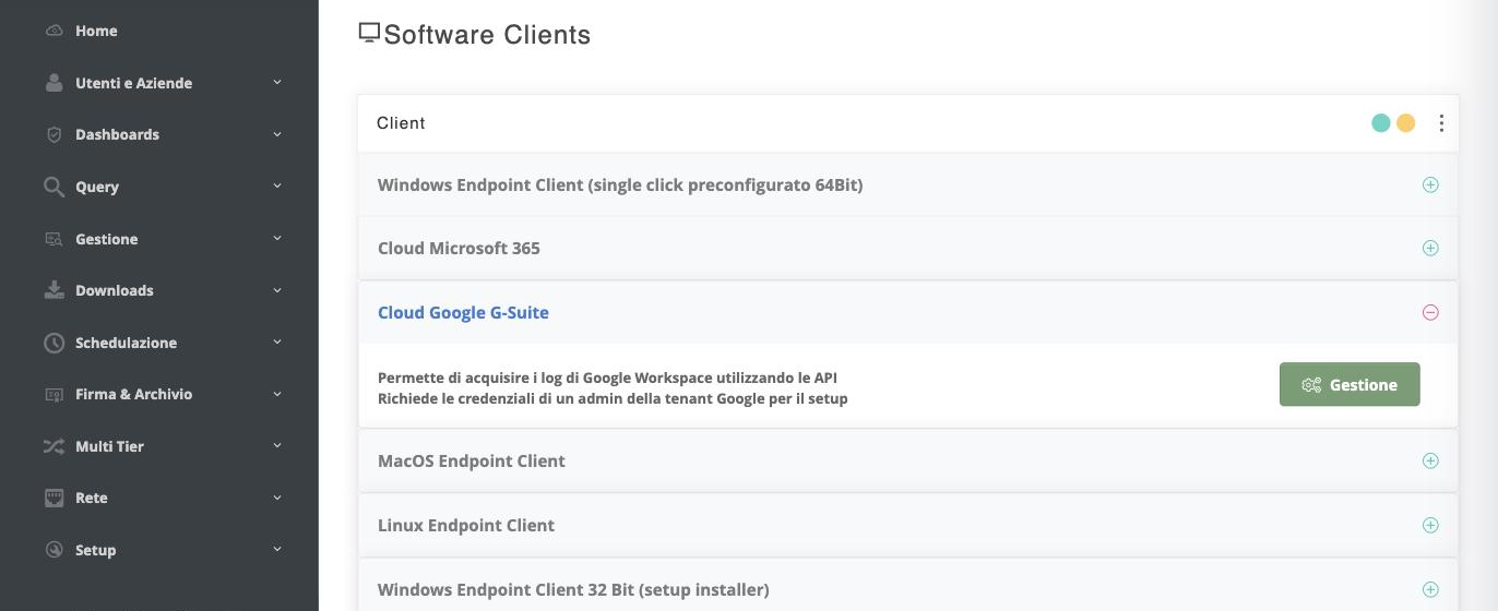 Sezione Cloud Google G-Suite nell'elenco dei client