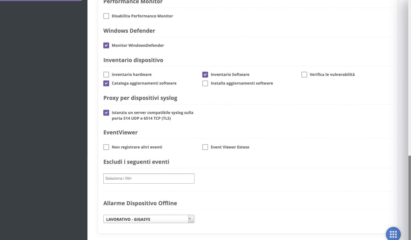Scheda Profili: Event Viewer, filtri di esclusione e allarme dispositivo offline
