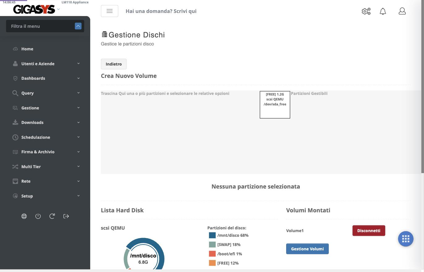 Pagina Gestione Dischi con l'area di creazione del volume