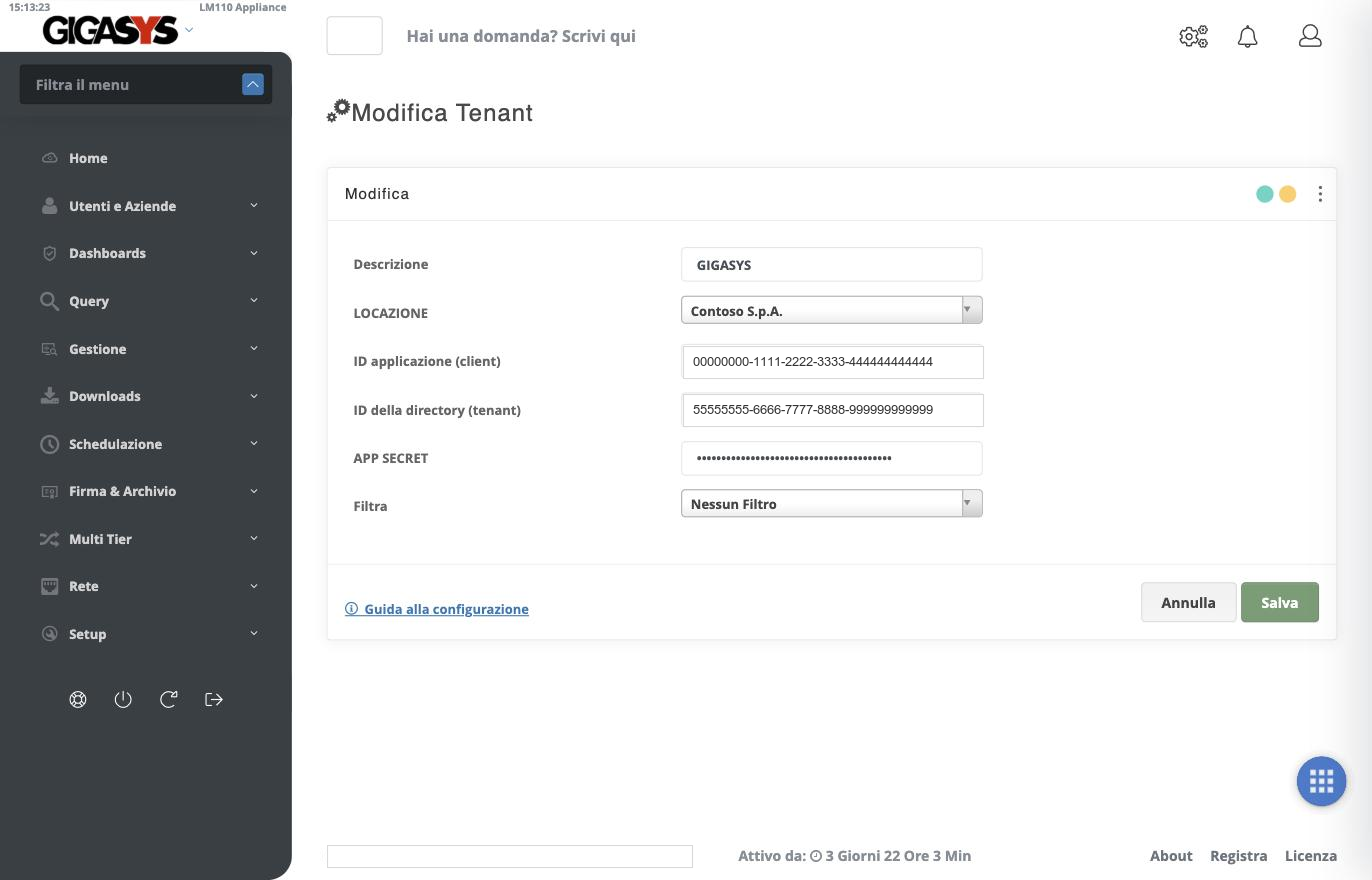 Scheda di configurazione di un tenant Microsoft 365