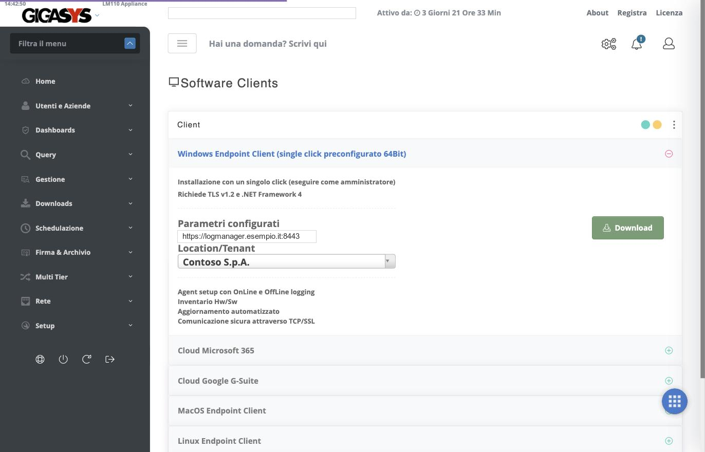 Pagina Software Clients con l'agente Windows preconfigurato