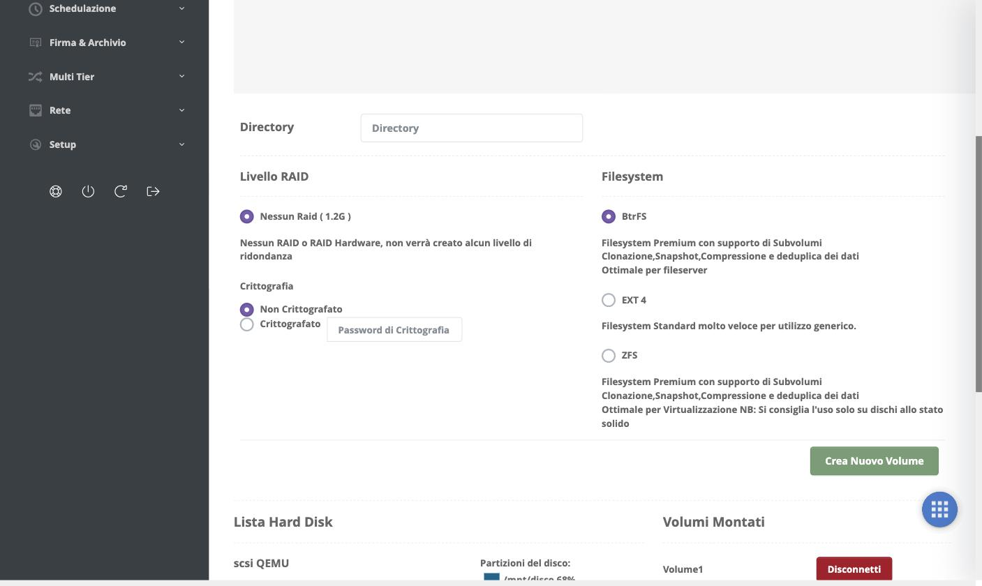 Opzioni del volume: directory, livello RAID, crittografia e filesystem