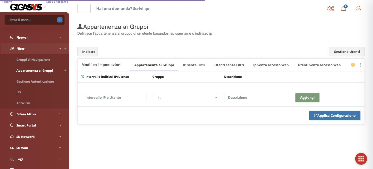 La pagina Appartenenza ai gruppi con le schede delle eccezioni