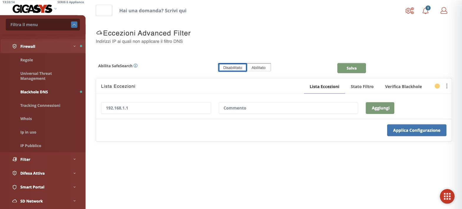 La pagina del filtro Blackhole DNS