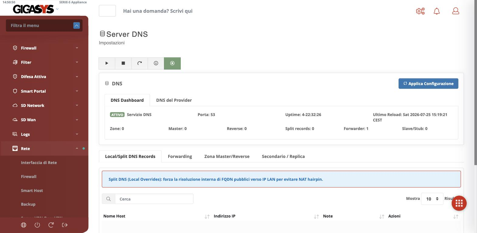 La dashboard del server DNS