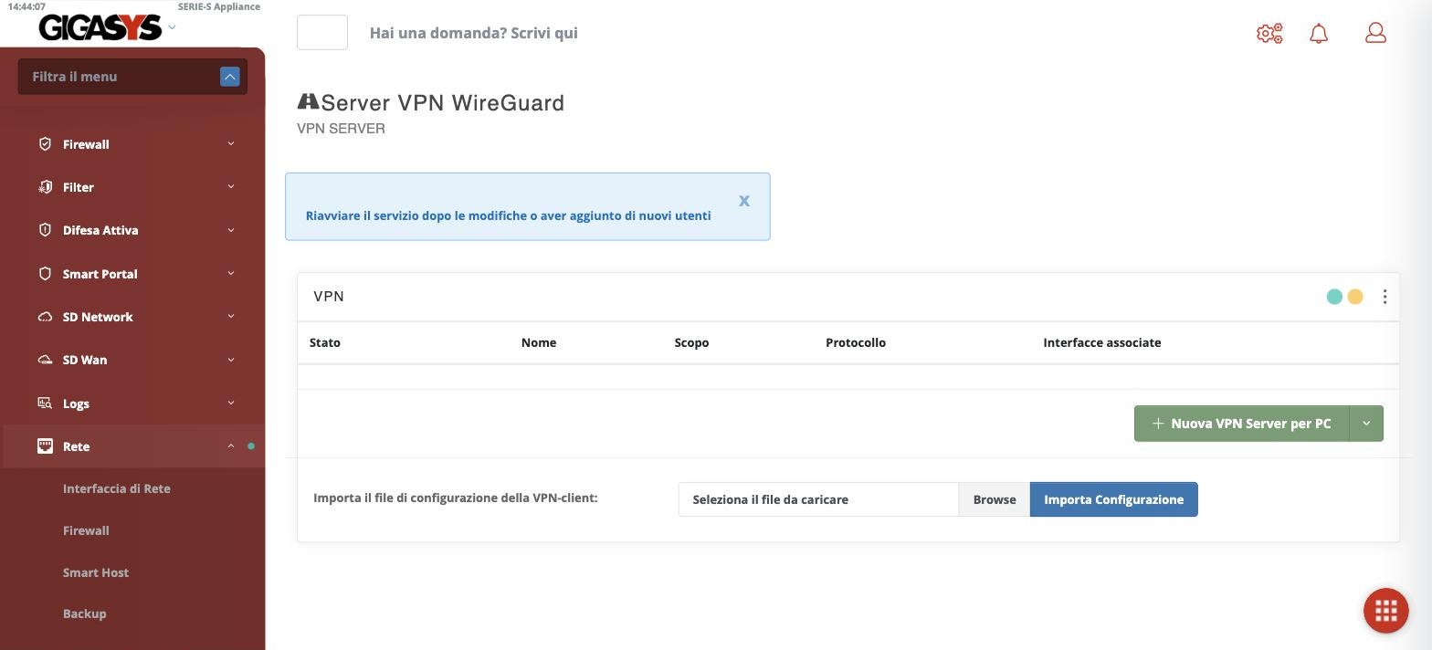 La pagina del server WireGuard
