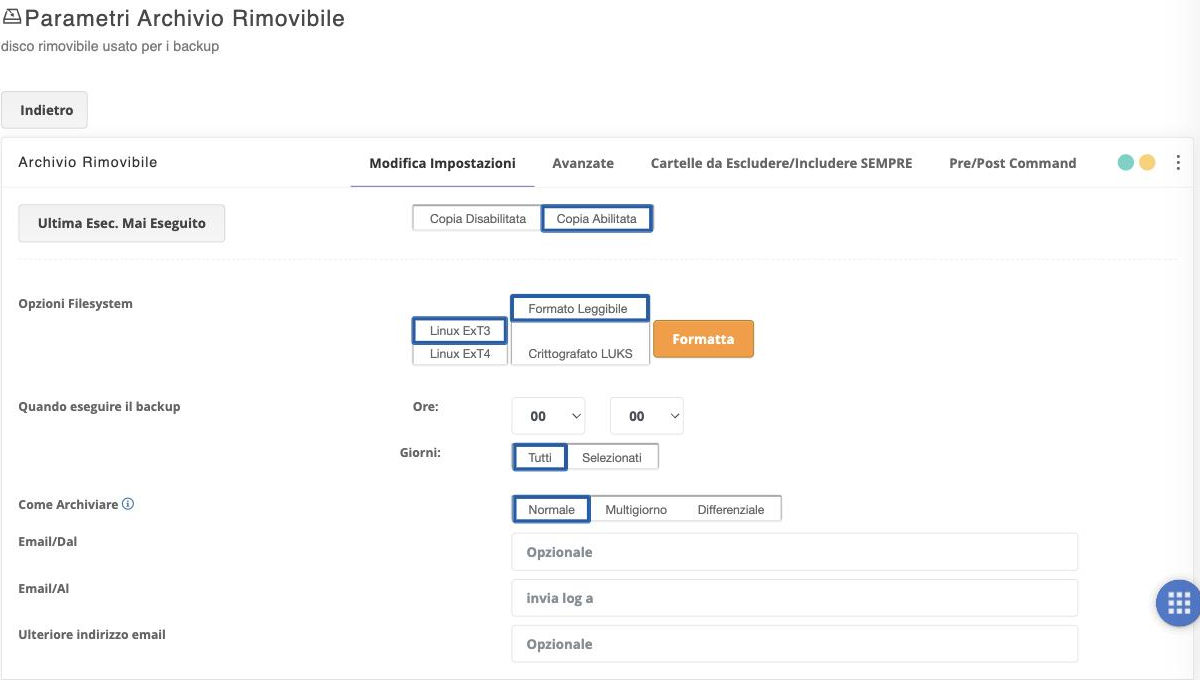 Impostazioni dell'archivio rimovibile