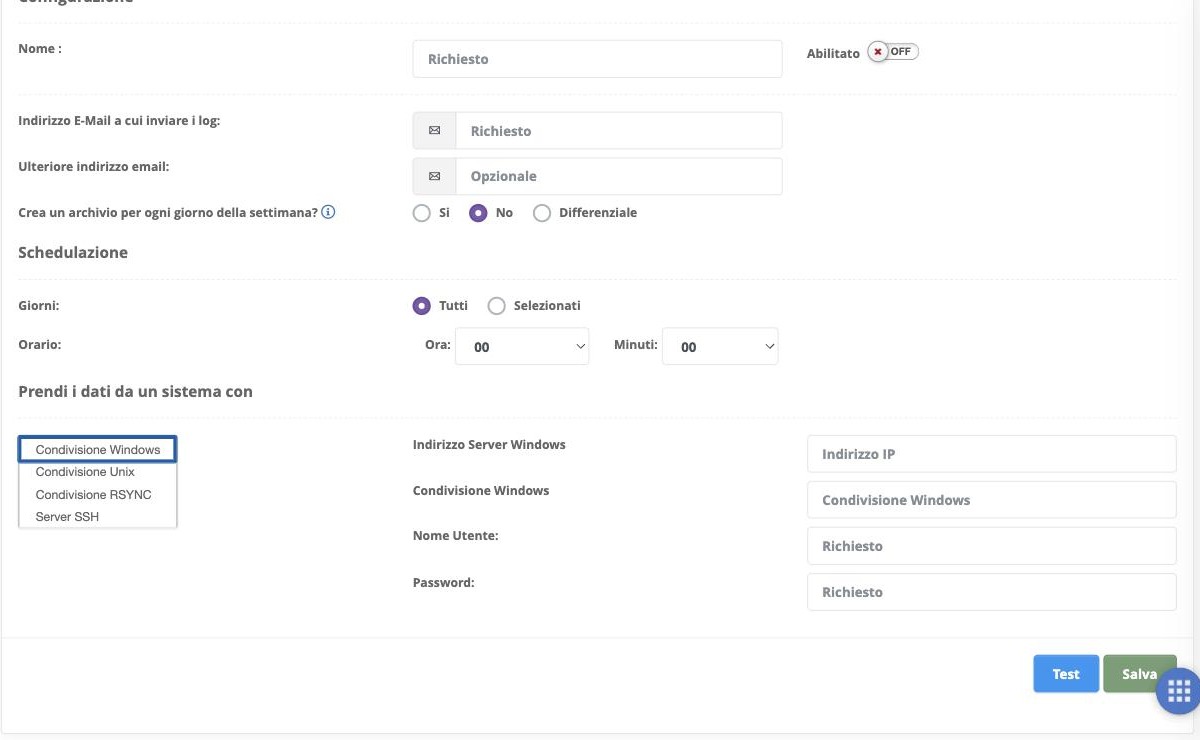 Configurazione di un backup job