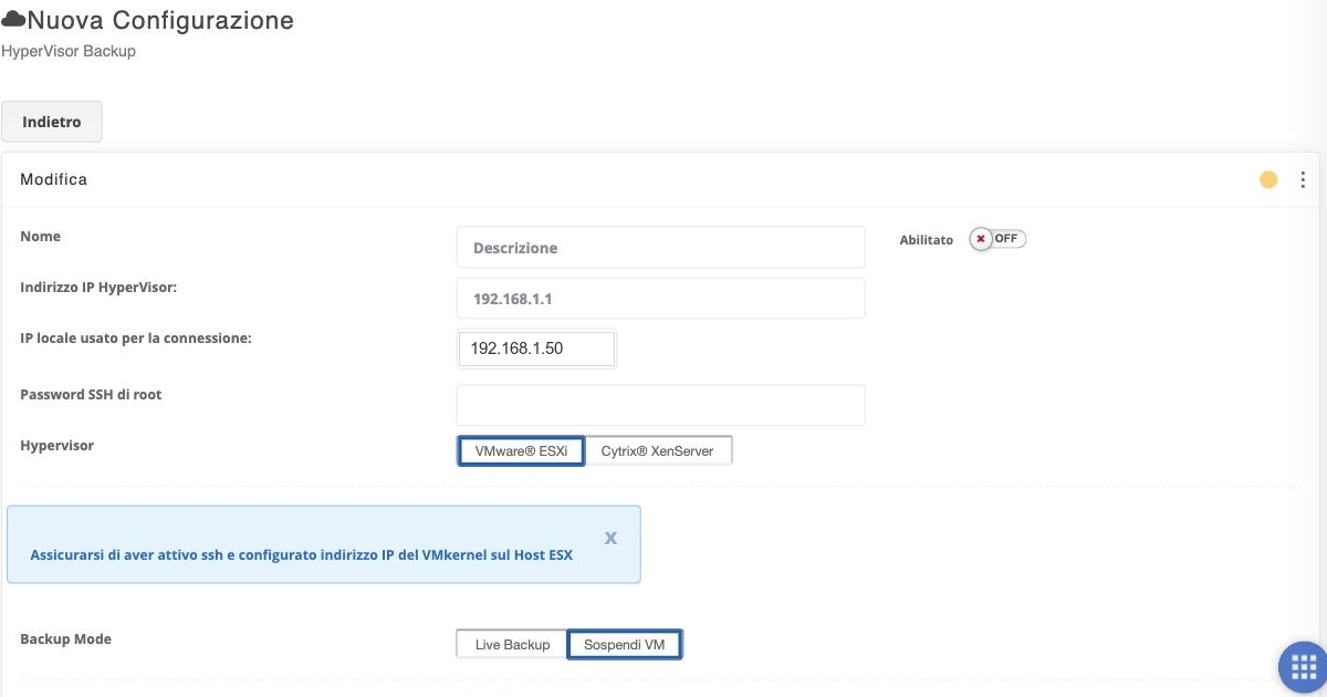 Configurazione di un backup dell'hypervisor