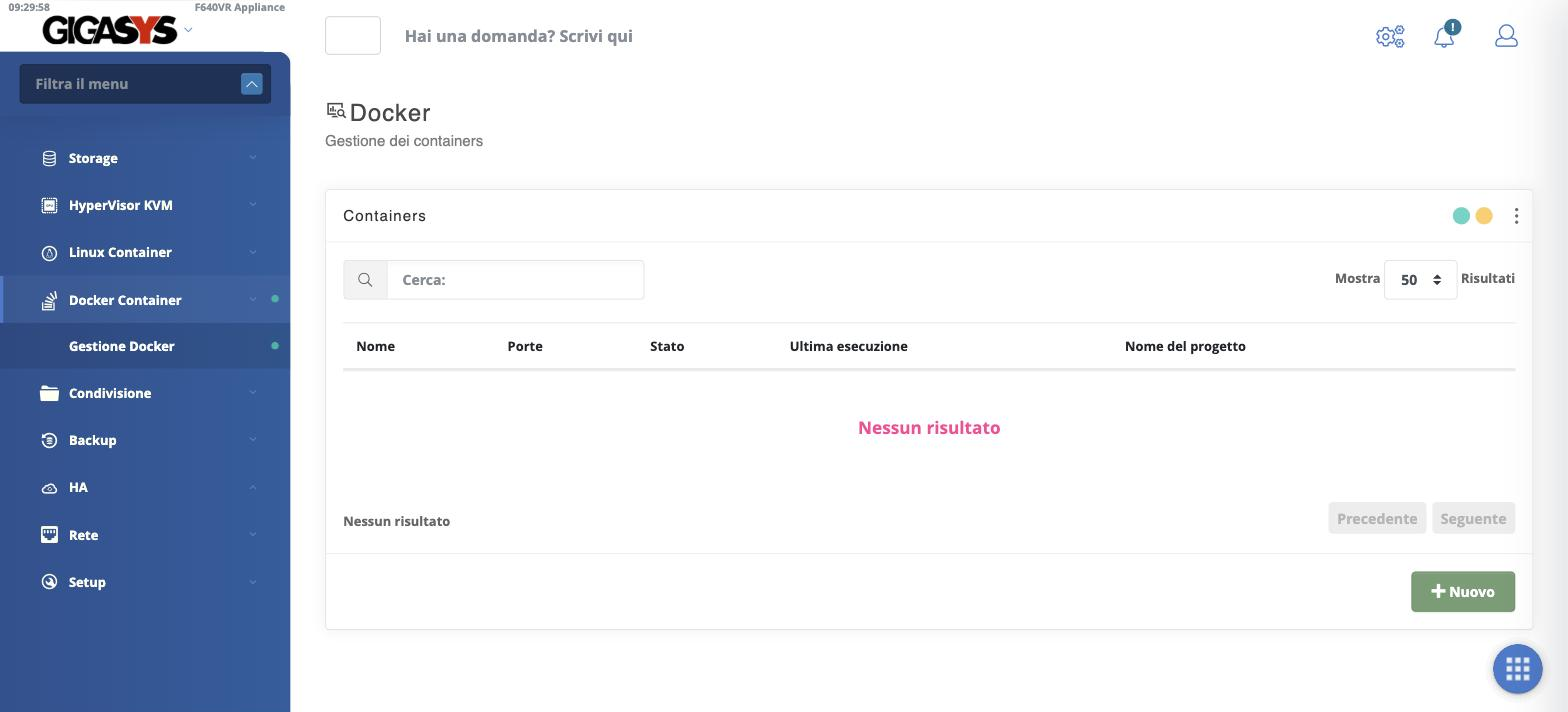 Pagina di gestione dei container Docker