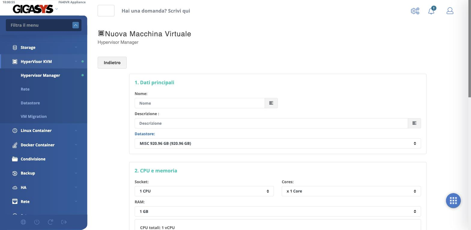 Le prime sezioni della creazione di una macchina virtuale